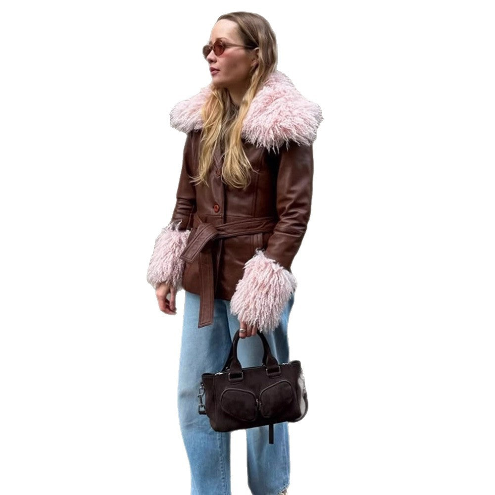 Women's Tailored Faux Leather Jacket with Tied Belt, Opulent Removable Faux Fur Shawl Collar and Fur Cuffs EVA-US