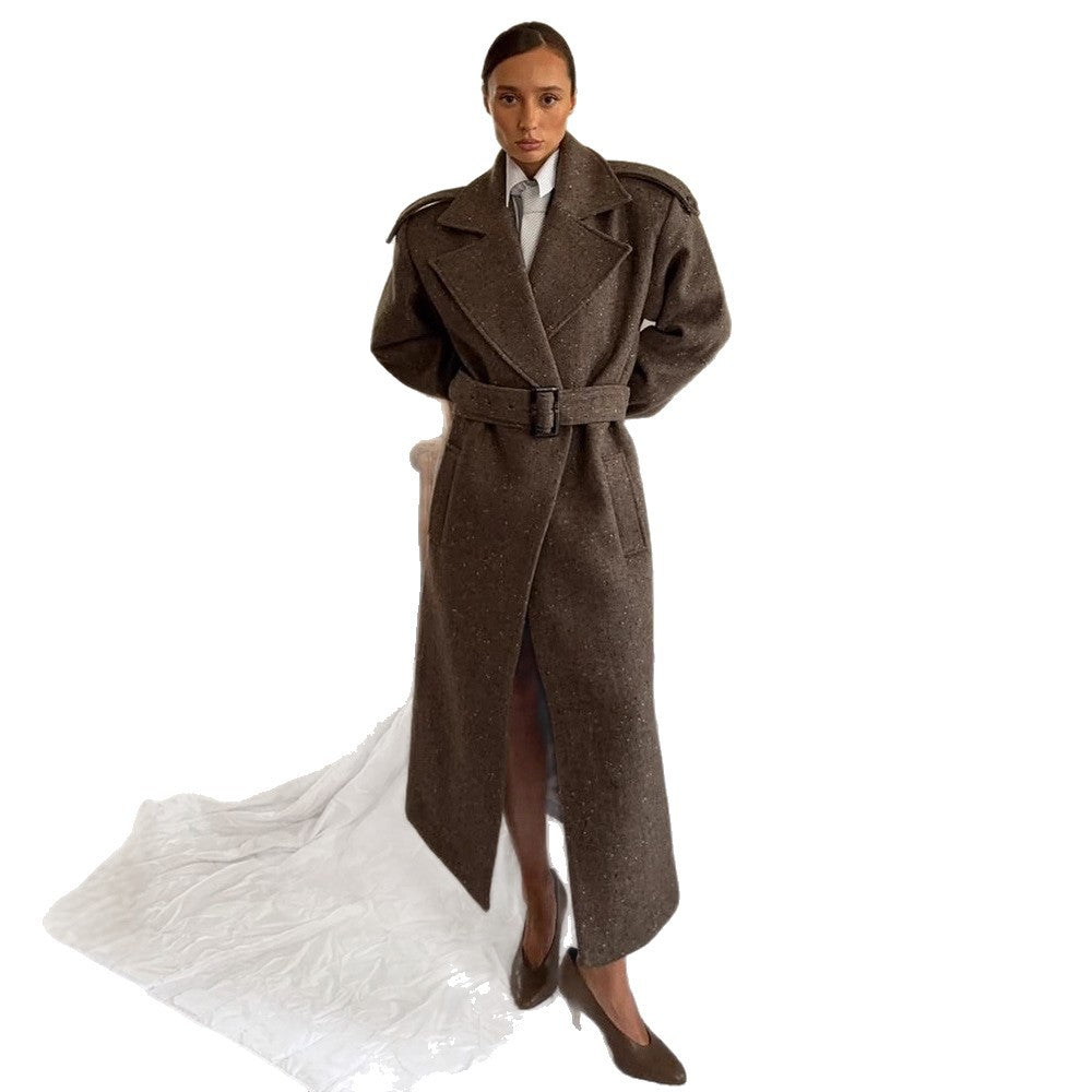 Women's Maxi-Length Wool Cocoon Coat with Emphasized Shoulder Area and Waist Belt EVA-US