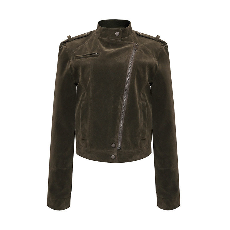 Women's Short Suede Leather Biker Jacket with Asymmetric Zipper and Stand-up Collar EVA-US