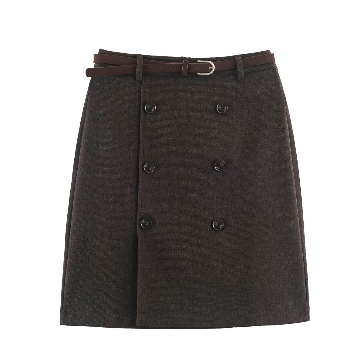 Women's midi skirt in A-line cut with double-breasted button placket and waist belt EVA-US