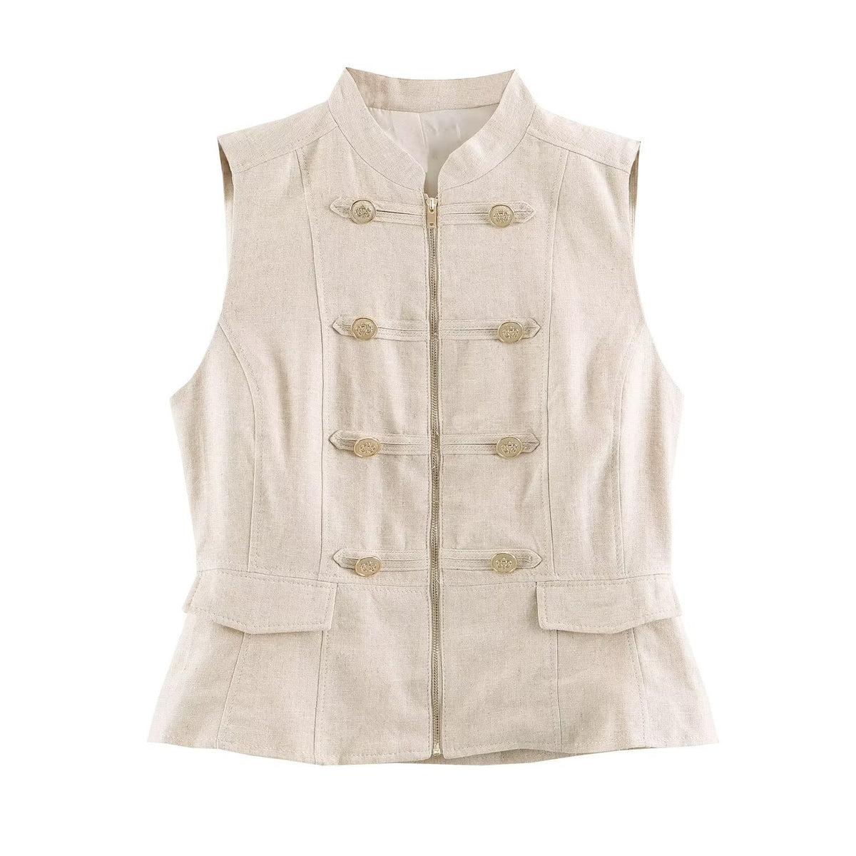 Women's Military-Inspired Tailored Vest with Stand-Up Collar and Decorative Button Placket EVA-US