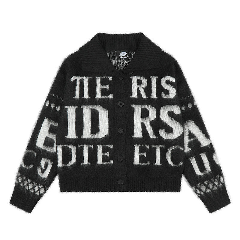 Women’s oversized mohair cardigan with button placket, large lapel collar, and typographic all-over print EVA-US