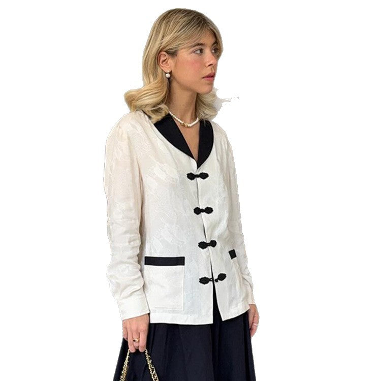 Women's Tailored Jacquard Jacket with Contrast Collar and Knot Closures EVA-US