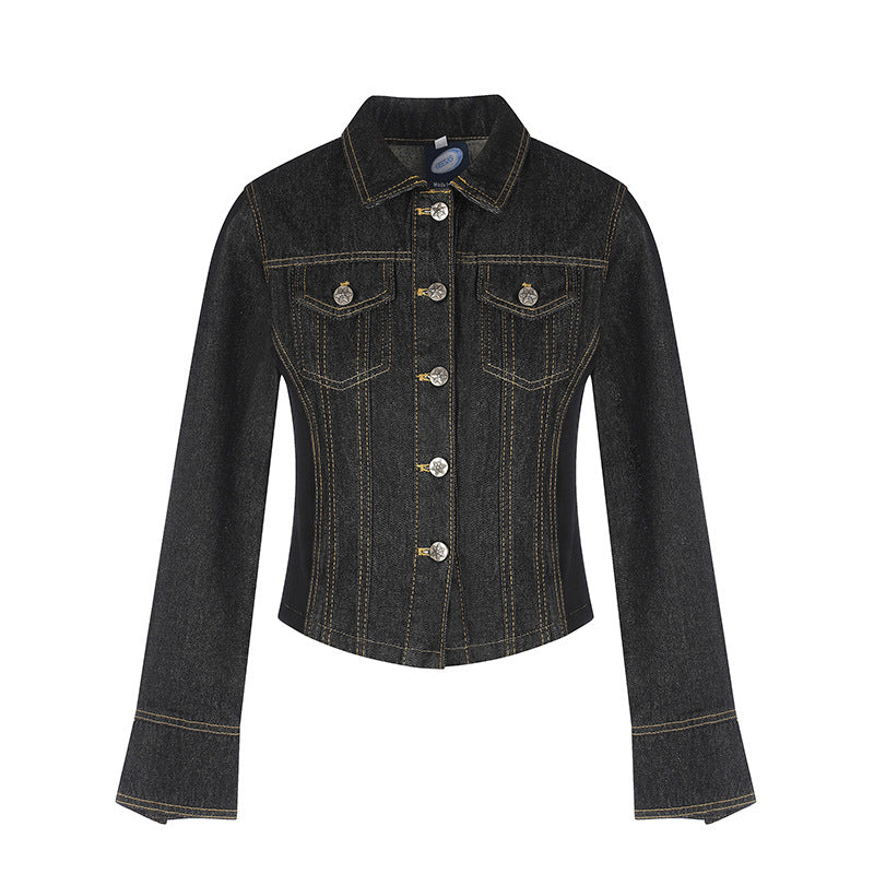 Women's tailored cropped denim jacket with shaping seams, chest patches, and decorative buttons EVA-US