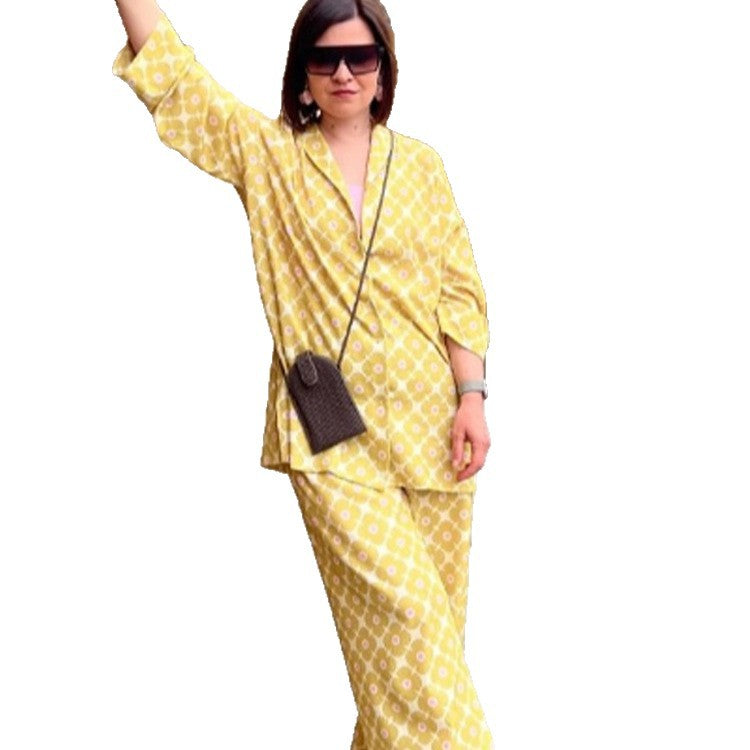 Women's Loose Lounge Two-Piece with Shirt Blouse and Balloon Pants EVA-US