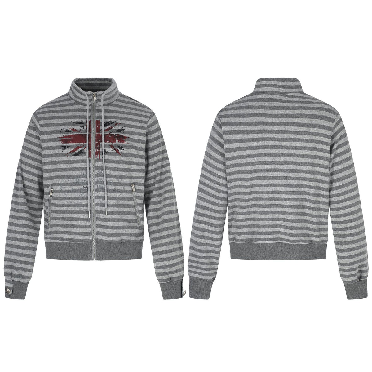 Men's Hoodless Striped Zip Blouson Jacket with Funnel Collar and Vintage Print EVA-US
