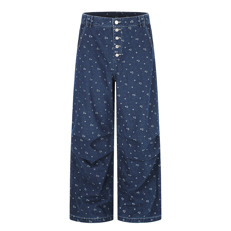 Women's High-Waist Culotte Jeans in Palazzo Cut with Visible Button Placket and Fine Floral Print EVA-US