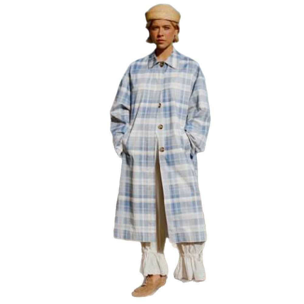 Women's Checked Lightweight Trench Coat with Mid-Length Oversized Silhouette EVA-US