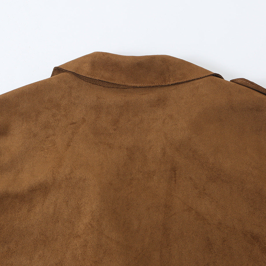 Women's Tailored Short Trench in Suede Look with Double-Breasted Button Placket and Epaulettes EVA-US