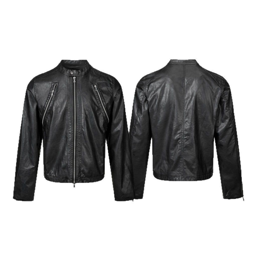 Men's vintage-inspired biker jacket with stand-up collar and two-way zipper EVA-US