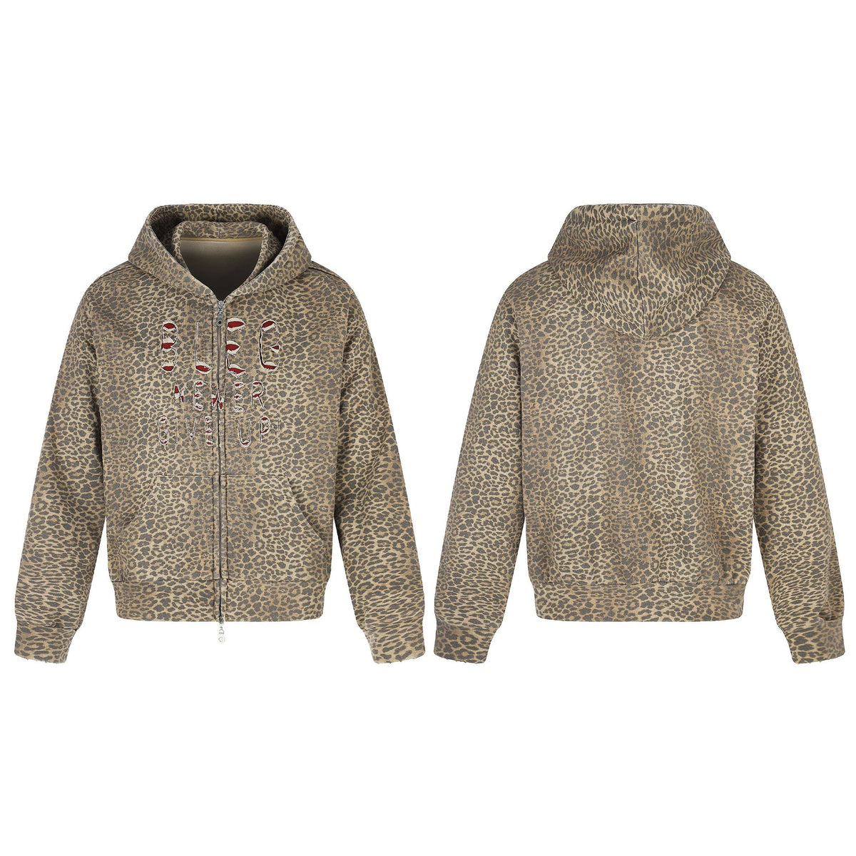 Women's hooded jacket in boxy cut with leopard print and distressed embroidery EVA-US