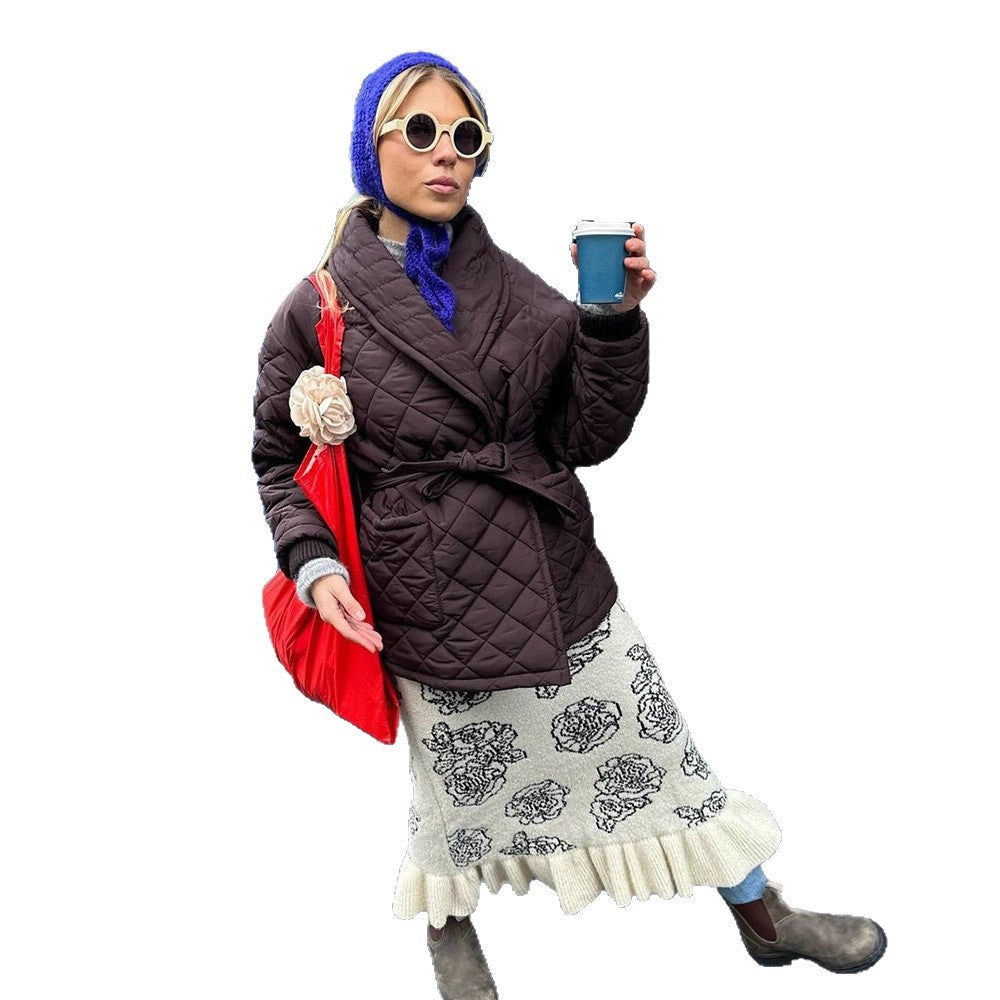 Women's quilted wrap jacket with waist tie belt and shawl collar EVA-US