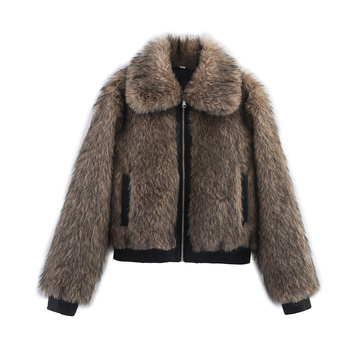 Women's short-cut faux fur bomber jacket with zipper and ribbed cuffs EVA-US