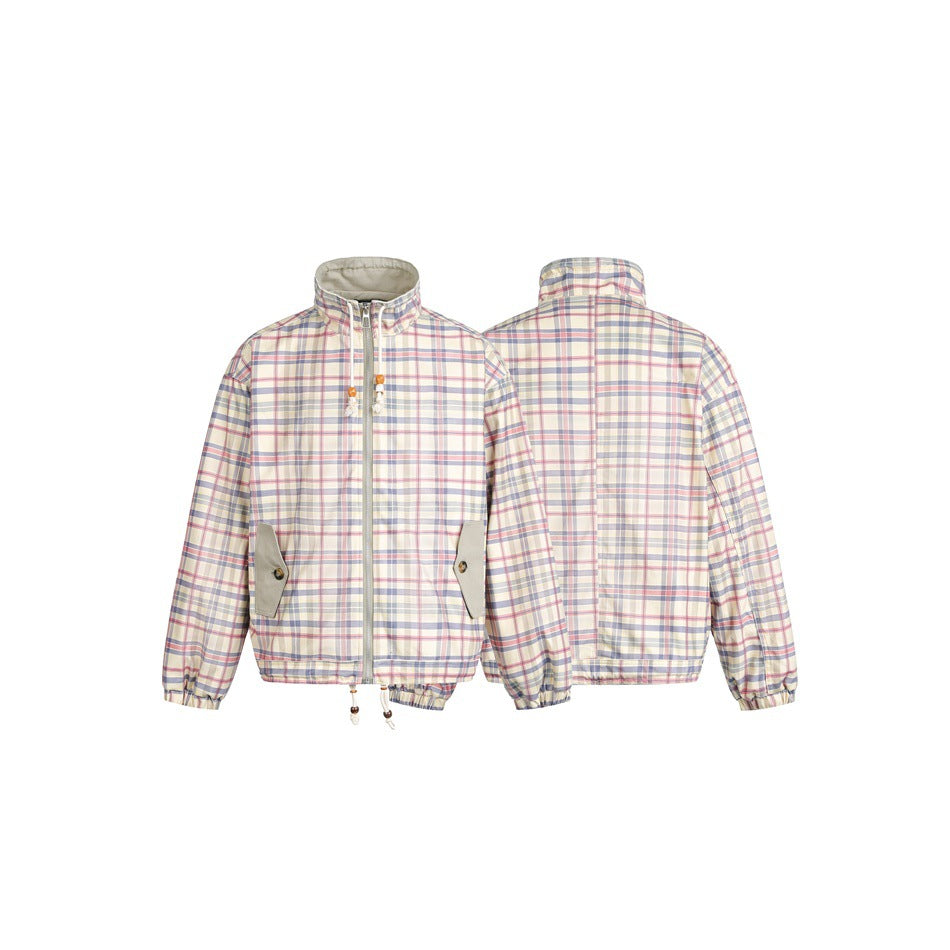 Women's lightly padded checkered boxy bomber jacket with drawstring hem, wooden bead cord and patch pockets EVA-US