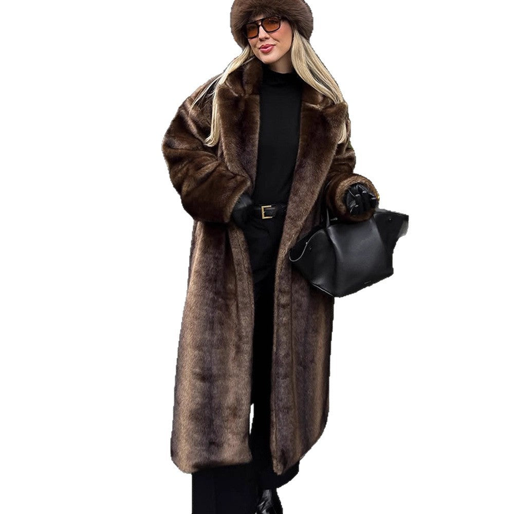 Women Luxurious Long Faux Fur Coat with Oversized Cut and Warming Lining EVA-US