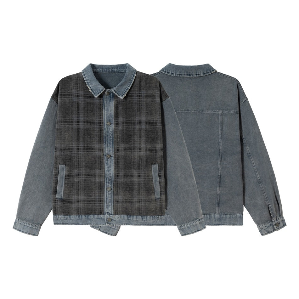 Unisex Boxy Denim Jacket with Checkered Front Panel, Contrasting Denim Sleeves and Snap Button Placket EVA-US