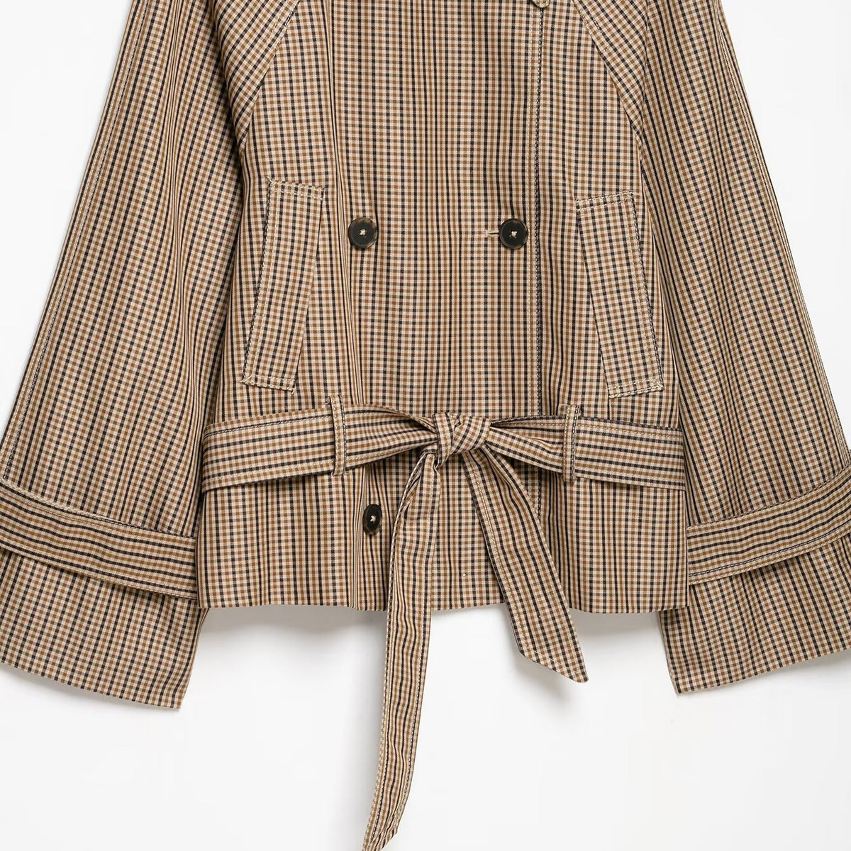 Women's short trench coat in Glencheck with boxy silhouette, tie belt and raglan sleeves EVA-US