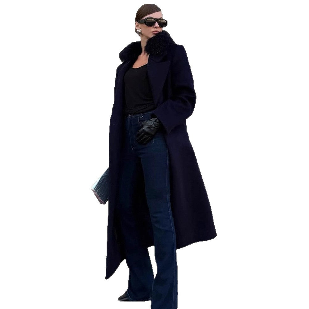 Women's long wool blend coat with generous faux fur shawl collar and oversized cut EVA-US
