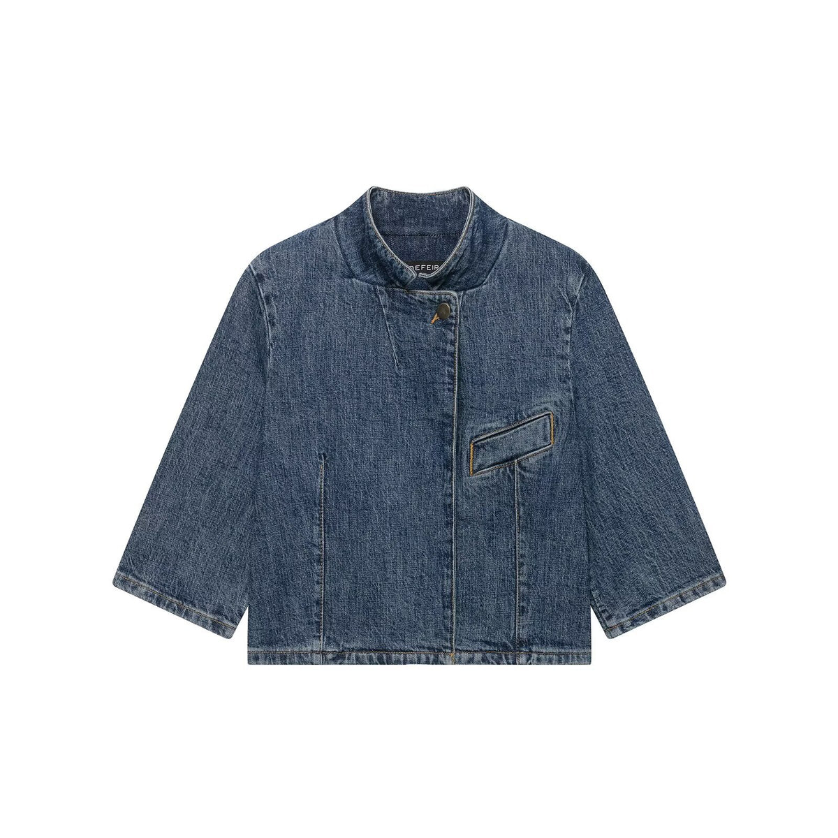 Women's Cropped Denim Jacket in Boxy Cut with Stand Collar and Concealed Button Placket EVA-US