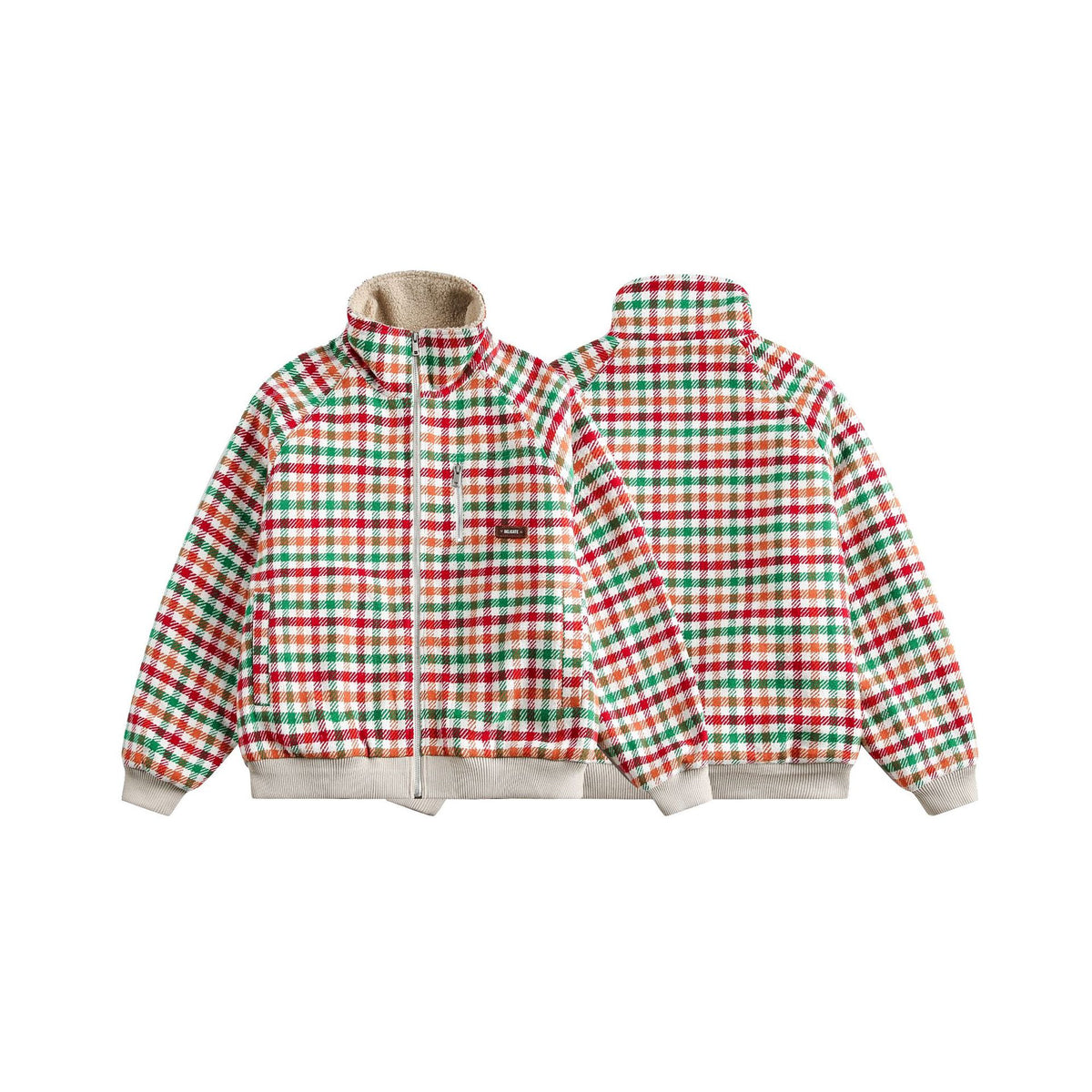 Women's Checkered Teddy Fleece Blouson in Boxy Cut with Stand Collar EVA-US