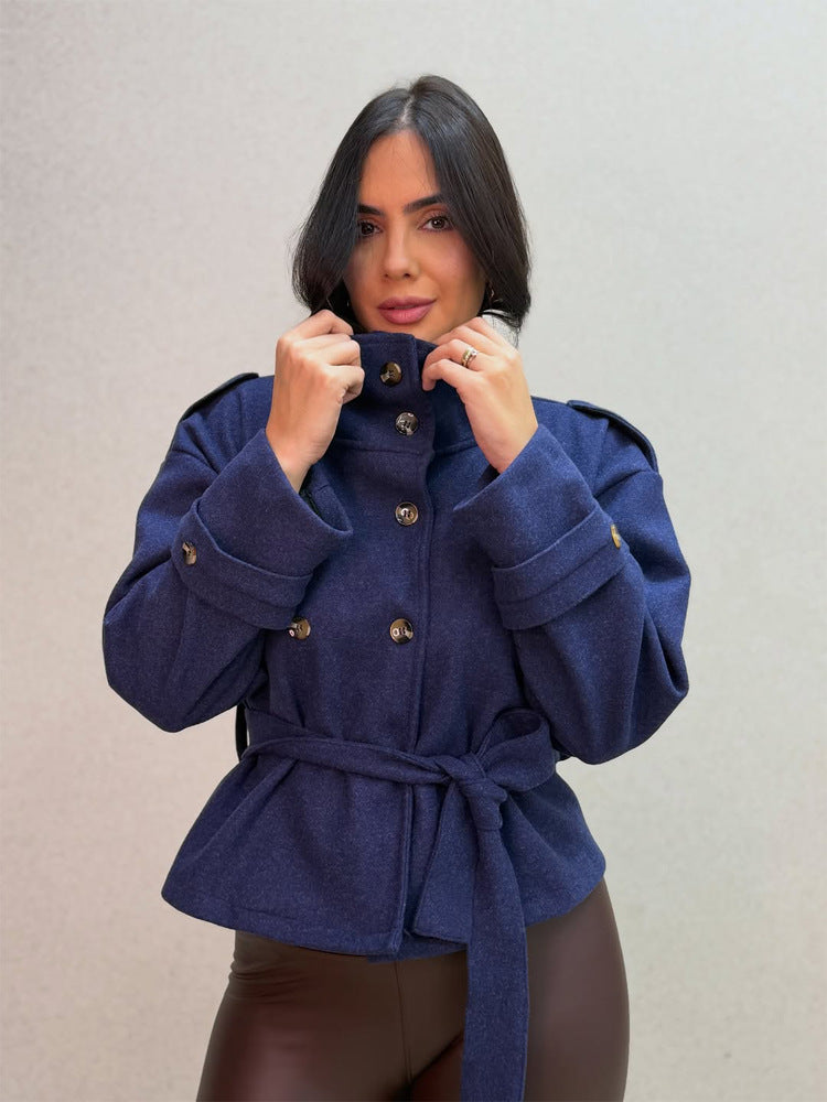 Women Short Double-Breasted Coat with Stand Collar and Tied Belt EVA-US