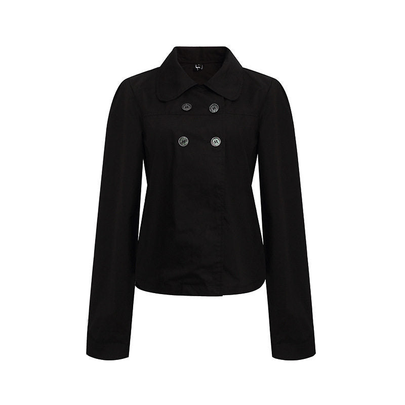 Women Tailored Lightweight Cotton Blouse Jacket with Round Collar and Double Button Row EVA-US