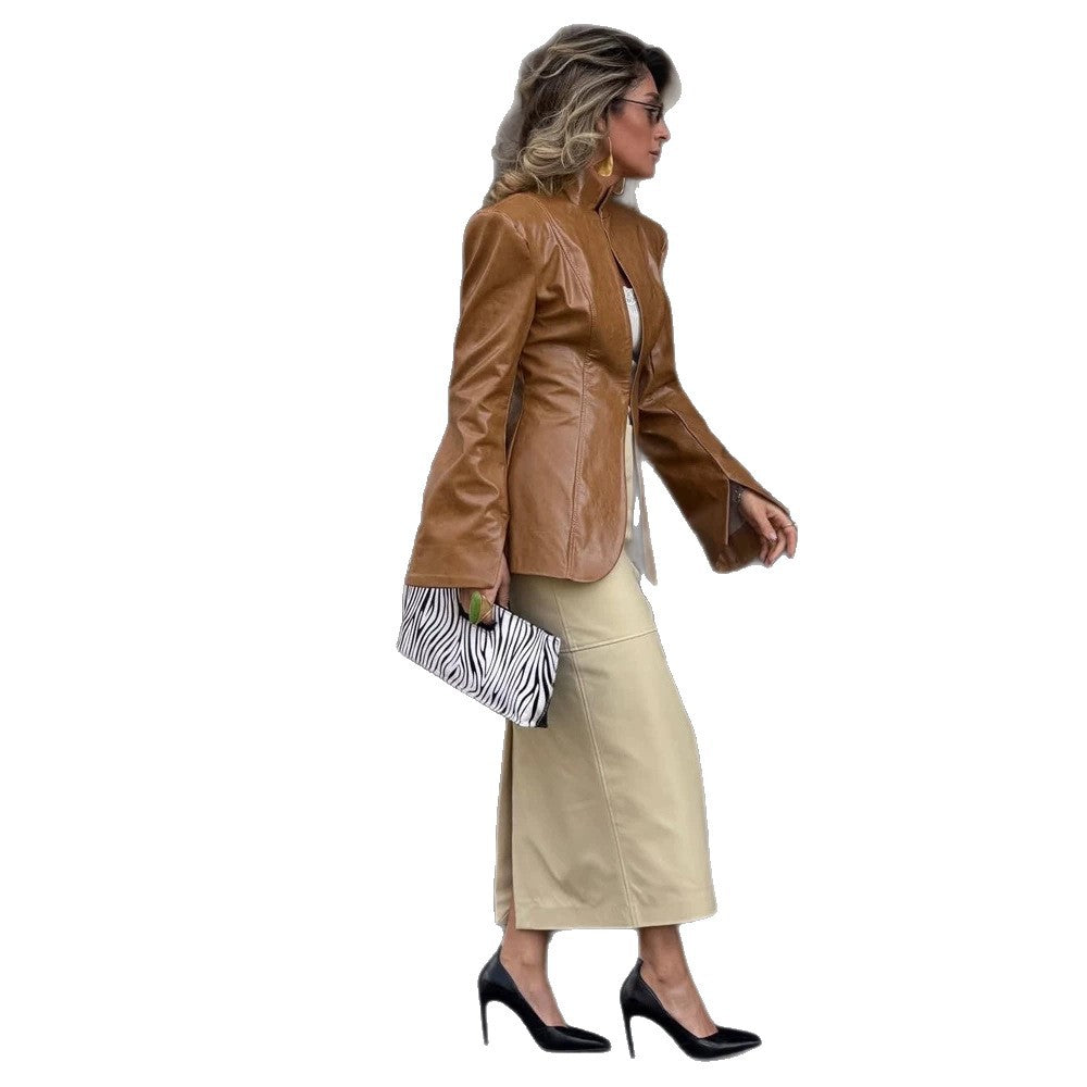 Women's fitted leather look blazer with stand collar & extended cuffs EVA-US