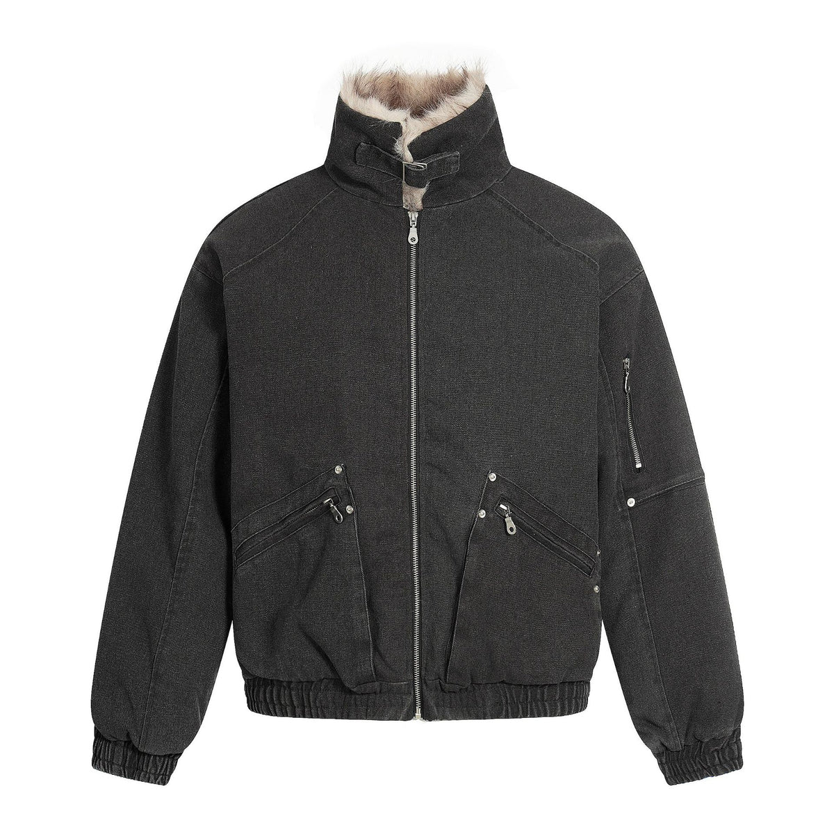 Men's Oversized Bomber Jacket in Vintage Canvas Look with Faux Fur Lined Stand Collar EVA-US