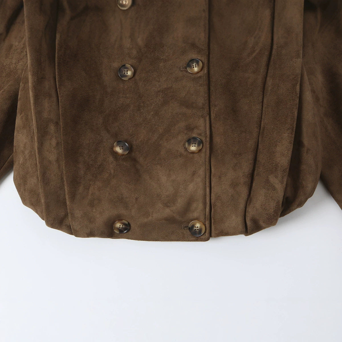 Women Short Double-Breasted Suede Jacket with Stand-Up Collar and Epaulettes EVA-US
