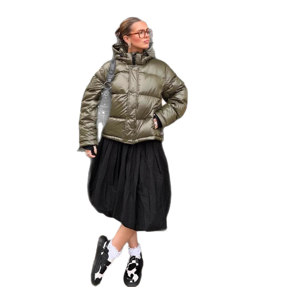 Women's Short Shiny Padded Jacket with Hood and Boxy Silhouette EVA-US