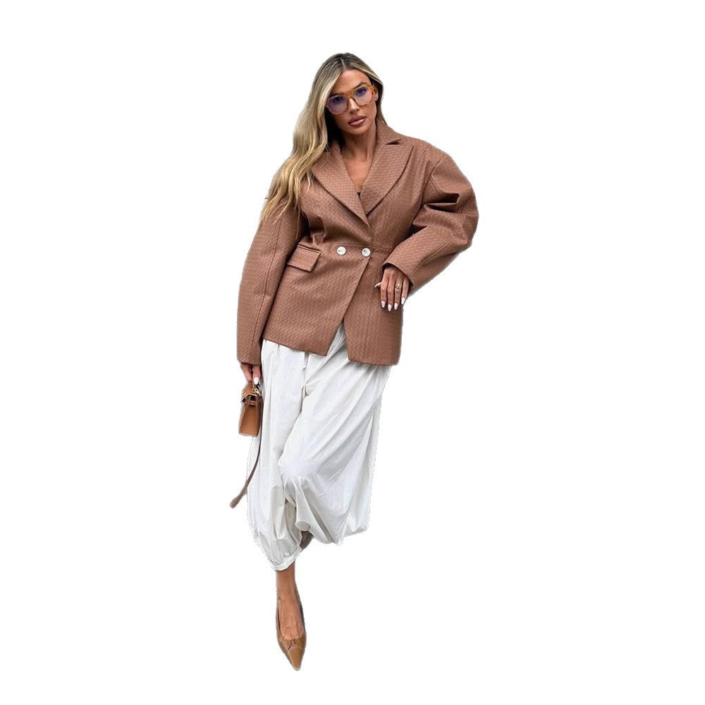 Women's Boxy Blazer with tailored draping and structured faux leather look EVA-US