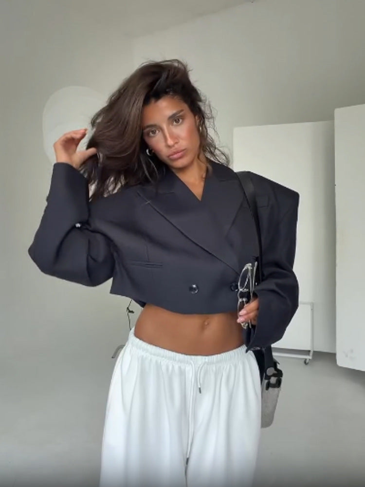 Women Cropped Boxy Blazer with Sculptured Shoulders and Boxy Silhouette EVA-US
