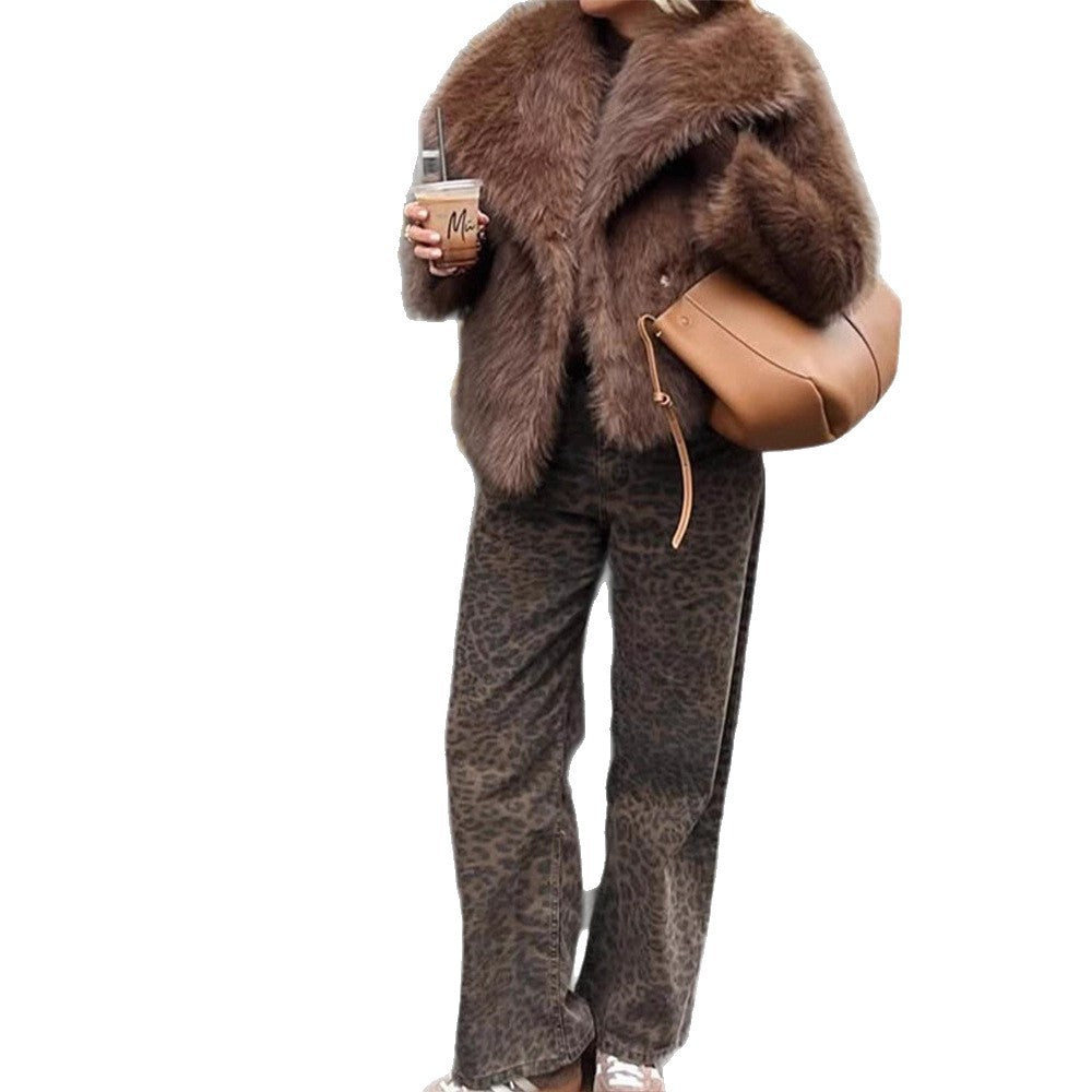 Women Short Voluminous Faux Fur Jacket in Boxy Cut with Large Shawl Collar EVA-US