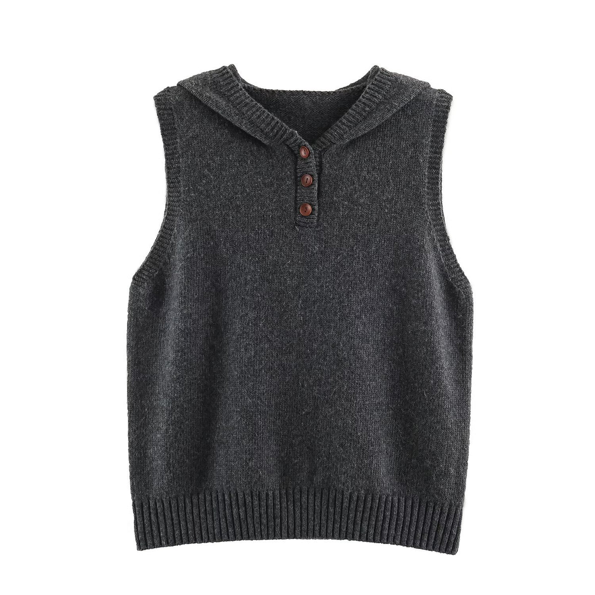 Women's fine knit vest with hood, button placket, and ribbed waistband EVA-US