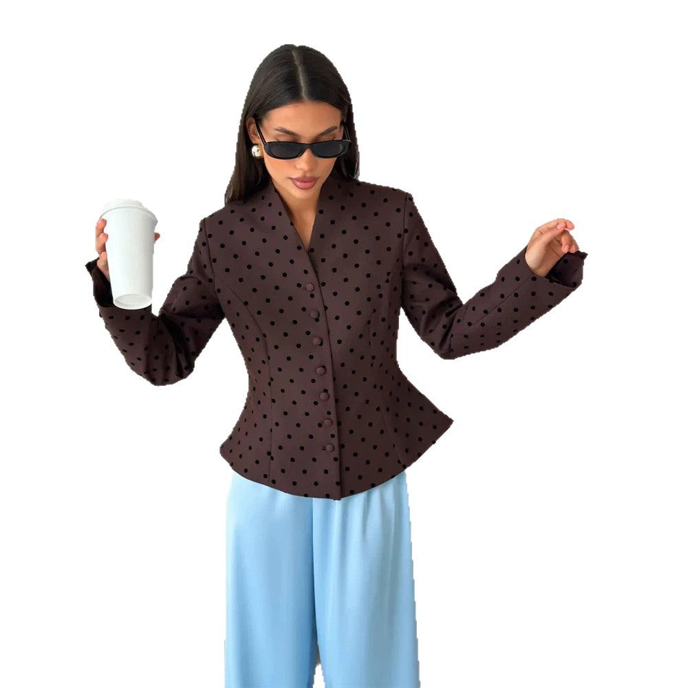 Women's Tailored Stand Collar Blazer with Polka Dot Pattern and Concealed Button Placket EVA-US