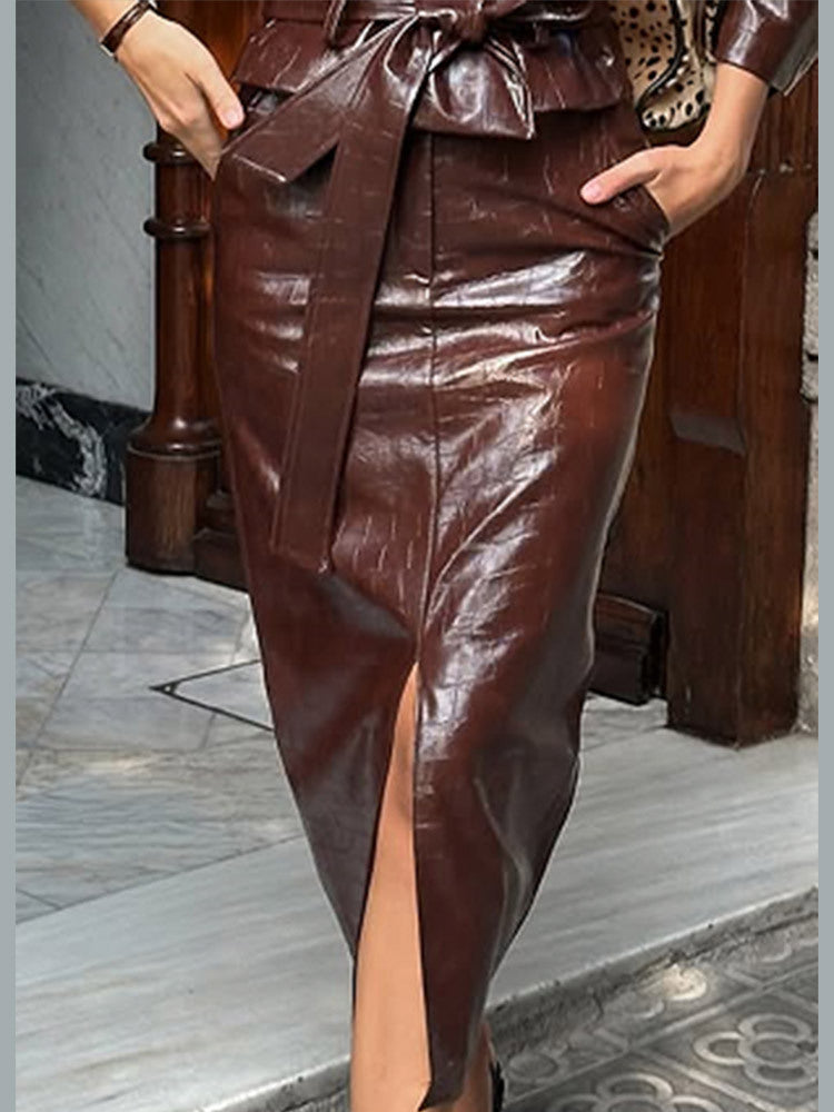 Women's Shiny Crocodile Pattern Trench Coat with Waist Belt and Wide Lapels EVA-US