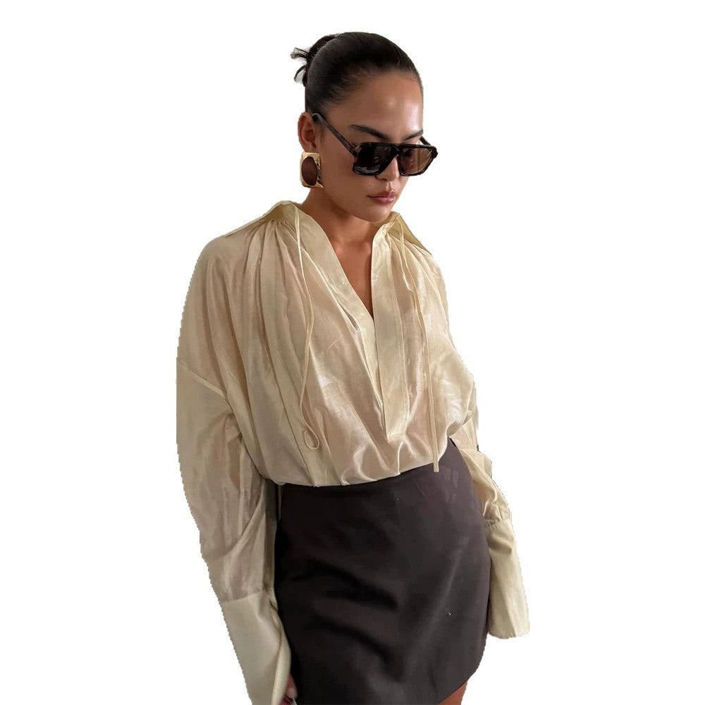 Women's Satin Glossy Oversized Blouse with Deep V-Neck, Wide Cuffs & Casual Silhouette EVA-US