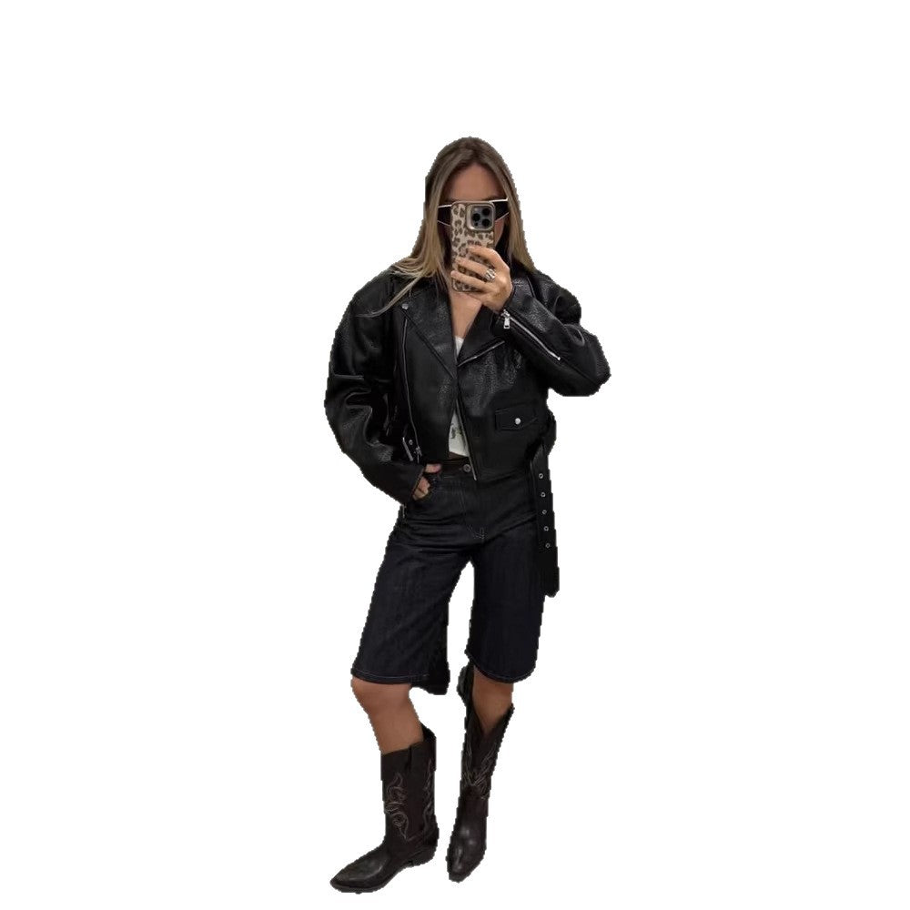 Women Short Structured Biker Jacket Made of Faux Leather EVA-US