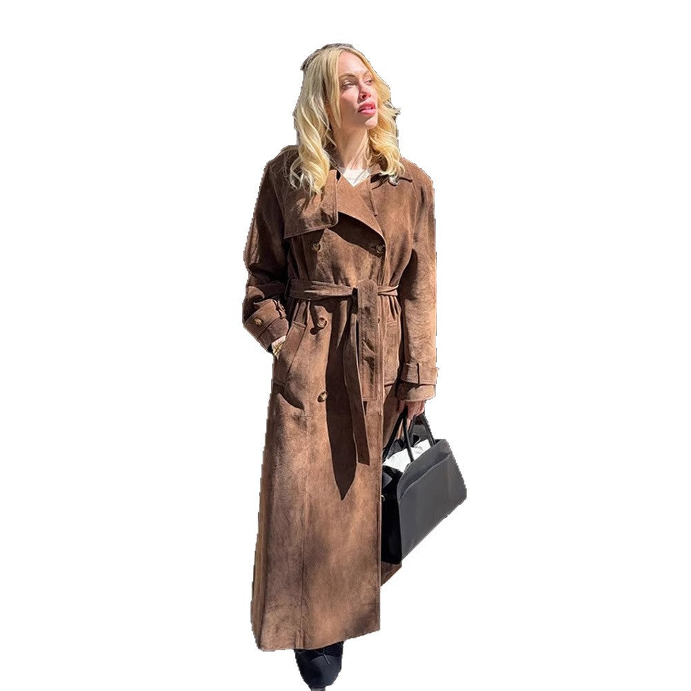 Women Maxi Length Suede Trench Coat with Tie Belt EVA-US