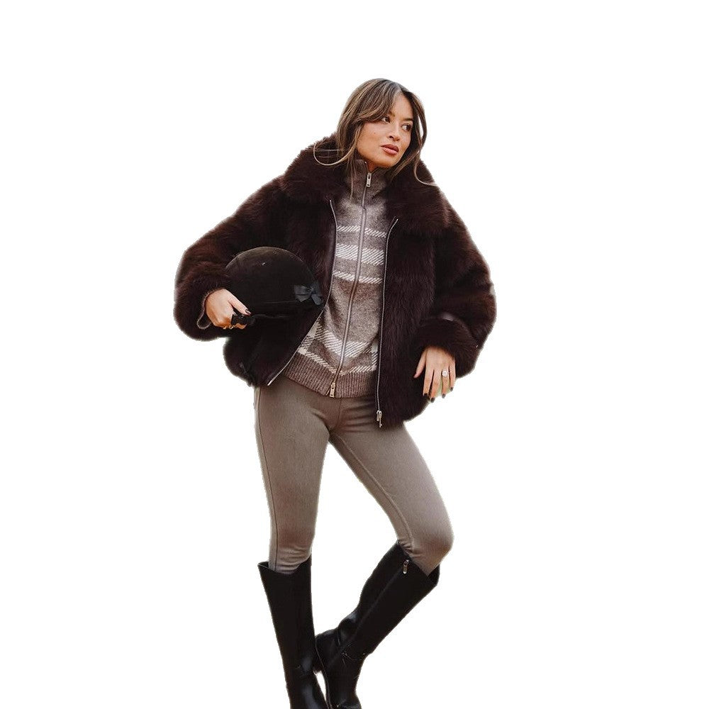 Women's Short Voluminous Faux Fur Bomber Jacket with Zipper and Shawl Collar EVA-US