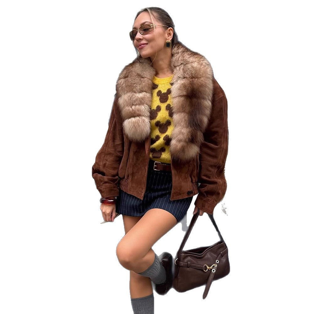 Women's suede bomber jacket with voluminous fur scarf and elastic hem EVA-US