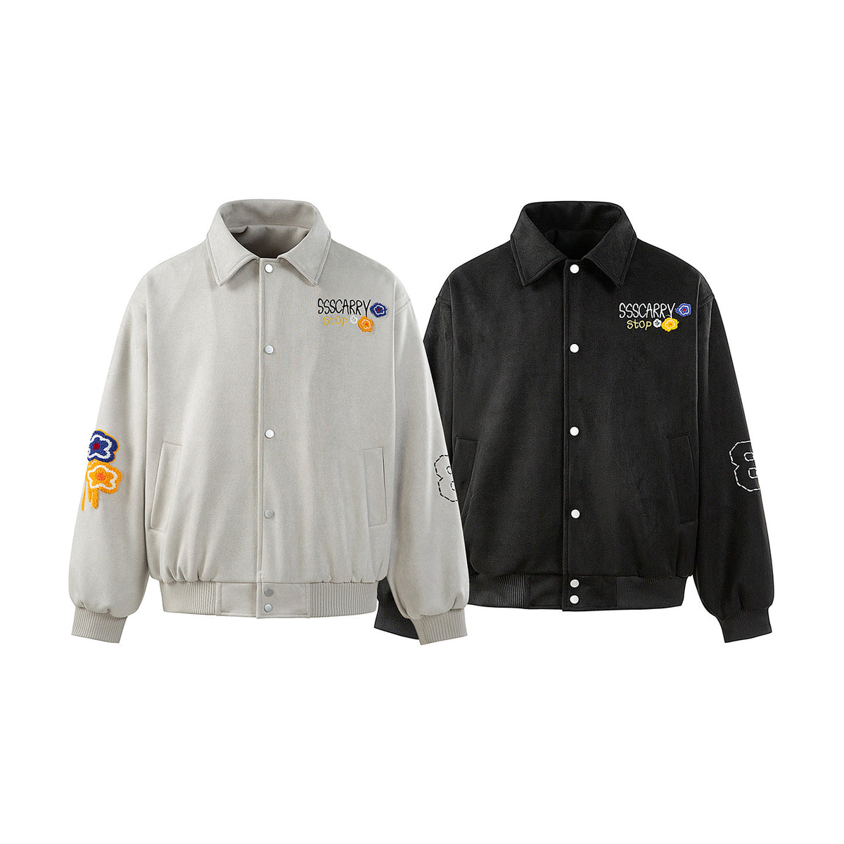 Unisex Boxy Blouson Jacket with Embroidered Floral Patches and Elastic Hem EVA-US