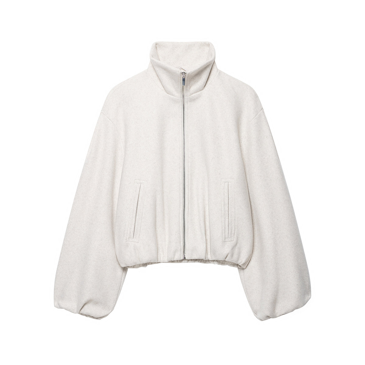 Women's Cropped Wool Blend Blouson Jacket with High Funnel Neck, Zipper and Gathered Hem