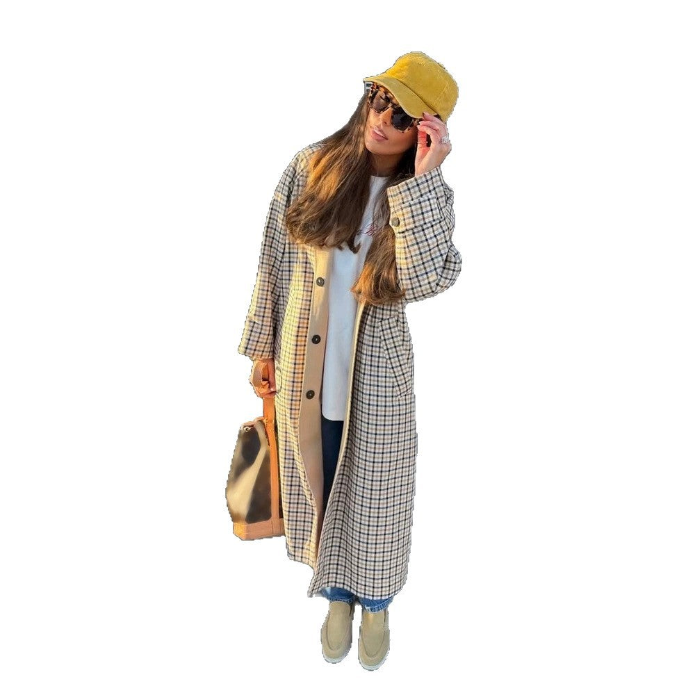 Women's Maxi Length Checked Wool Blend Coat with Straight Silhouette EVA-US