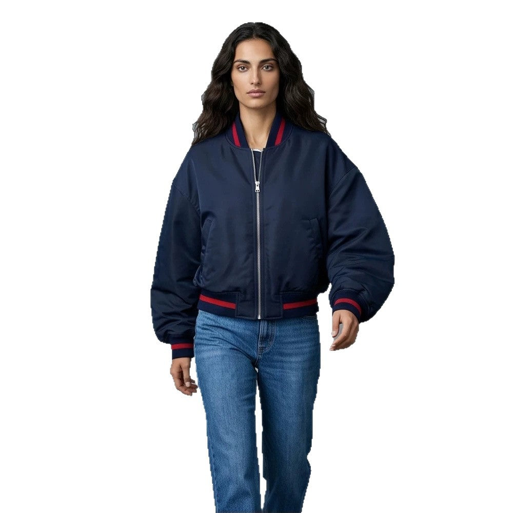 Women's Short Cut Oversized Bomber Jacket with Voluminous Sleeves and Ribbed Cuffs EVA-US