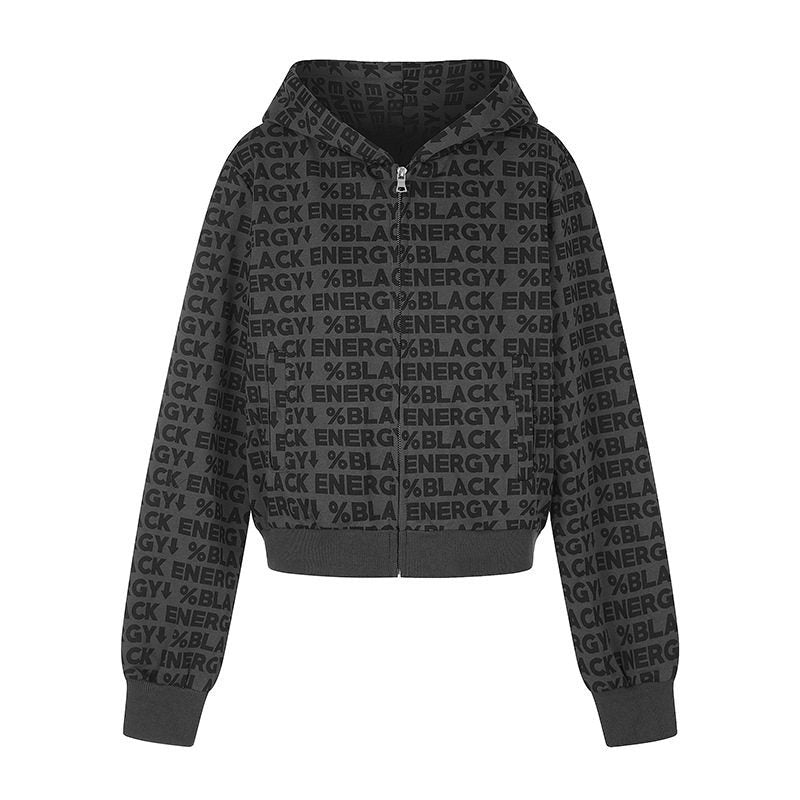 Women short zip hooded jacket with allover logo print and elastic ribbed hem EVA-US