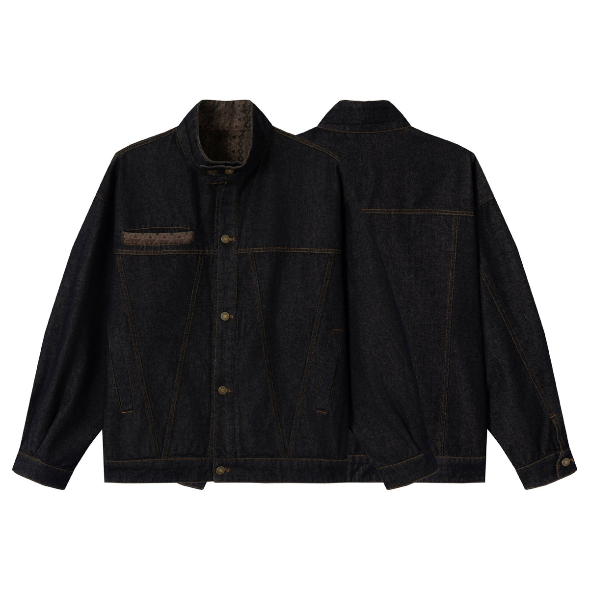 Unisex Oversized Denim Jacket with Funnel Neck and Decorative Chest Flap EVA-US