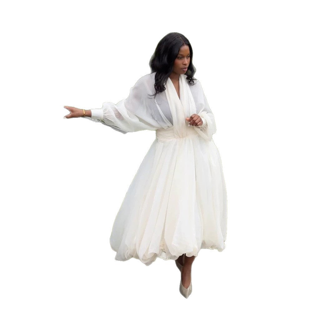 Women's Airy Pleated Maxi Dress with Balloon Hem, V-Neck and Shawl Collar EVA-US