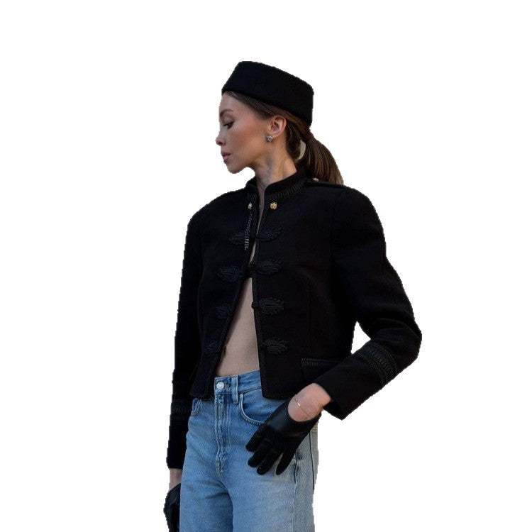 Women's short jacket in sailor military style with stand-up collar and cord decoration EVA-US