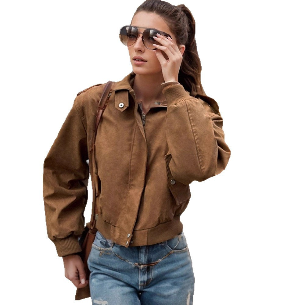 Women's short-cut bomber jacket made of faux suede with ribbed cuffs EVA-US